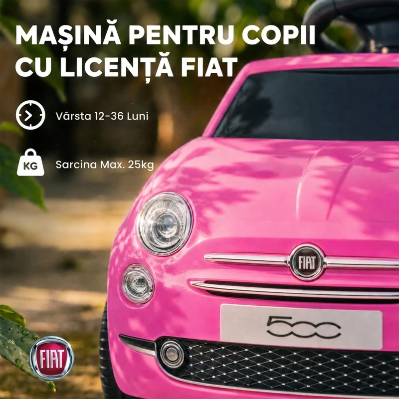 AIYAPLAY Mașinuță de Împins pentru Copii 12-36 Luni, Licență Fiat, cu Muzică, Claxon și Spațiu Depozitare, Roz
