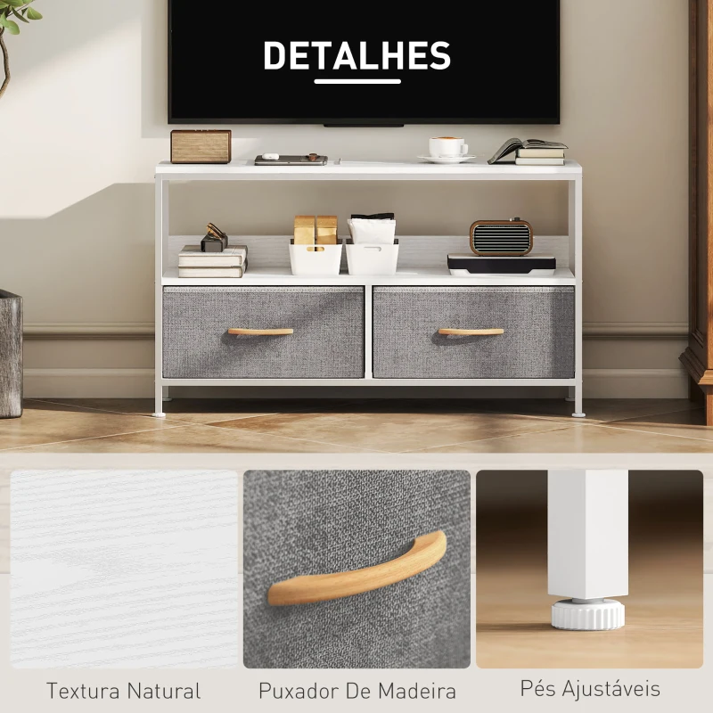 HOMCOM Móvel de TV com Prateleira e 2 Gavetas de Tecido Dobráveis para Televisores até 47 Polegadas  98x29x56 cm Branco e Cinza