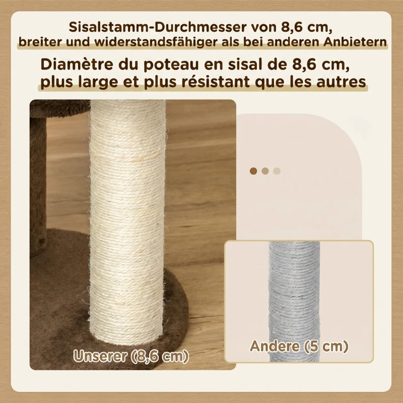 PawHut Zgârietoare pentru Pisici cu 3 Nivele, Culcuș din Pluș și Stâlpi din Sisal, Ø40x65 cm, Maro