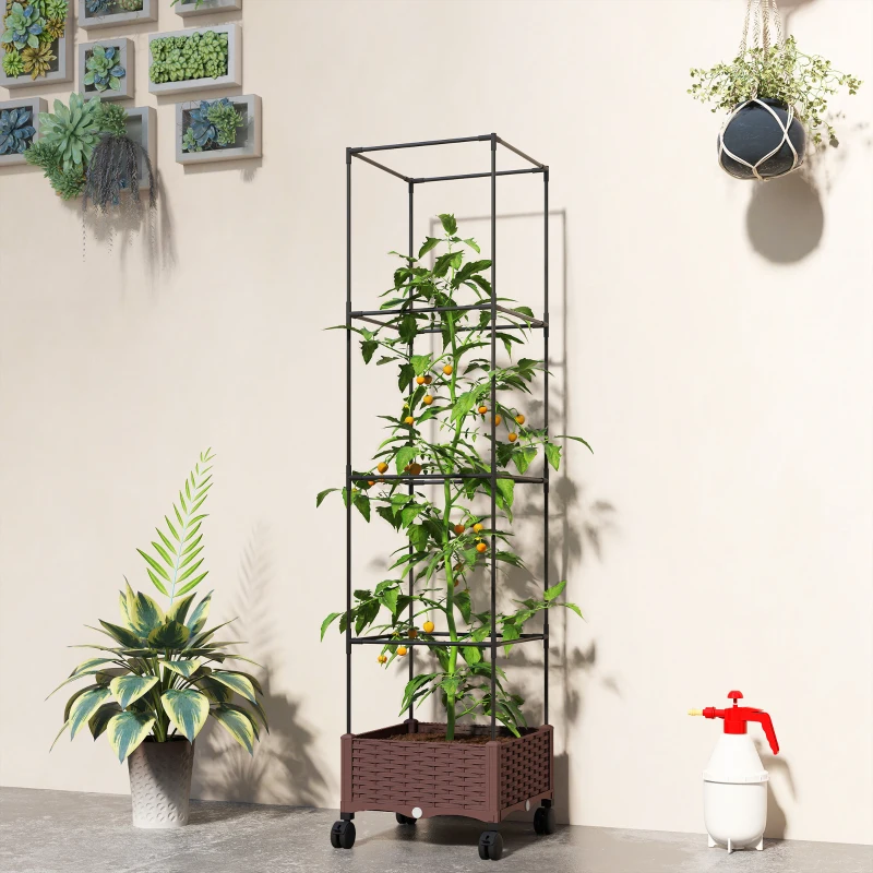 Outsunny Floreira com Treliça e Rodas com Drenagem para Cultivo de Vegetais Flores e Ervas Aromáticas 40x40x165 cm Castanho