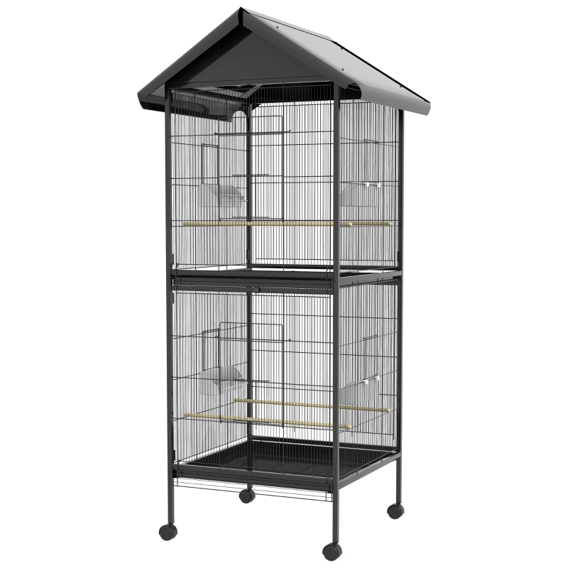 PawHut Volieră pentru Păsări pe Roți cu Tăvițe Detașabile din Plastic și Stinghii, Colivie pentru Canari din Metal, 168 cm, Negru