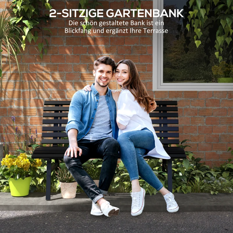 Outsunny Gartenbank Sitzbank Parkbank, Lattendesign, wetterbeständig, Aluminium, 123 x 67 x 79 cm, Schwarz