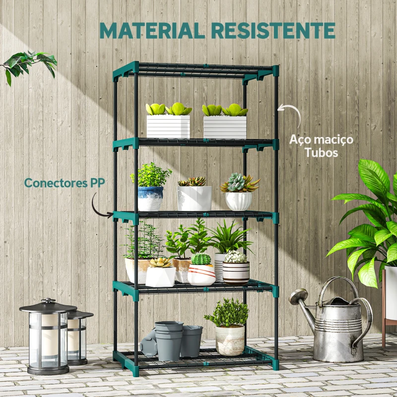 Outsunny Suporte para Plantas de 5 Níveis, Estante de Aço com Prateleiras de Rede, 67x49x138 cm, Verde Escuro