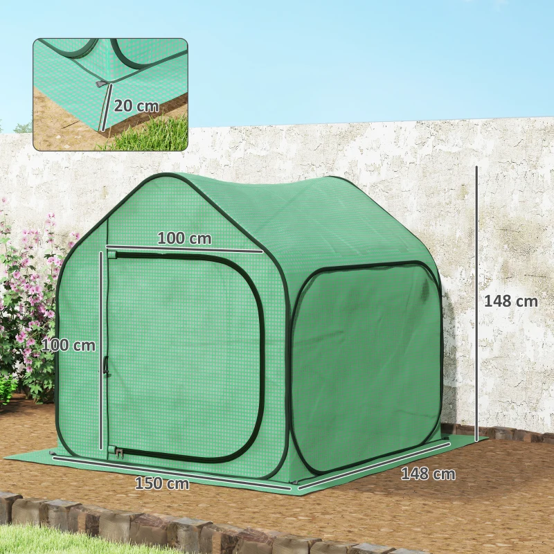Outsunny Seră tip căsuță pliabilă cu intrare cu fermoar, din oțel și PE, 150x148x148 cm, verde
