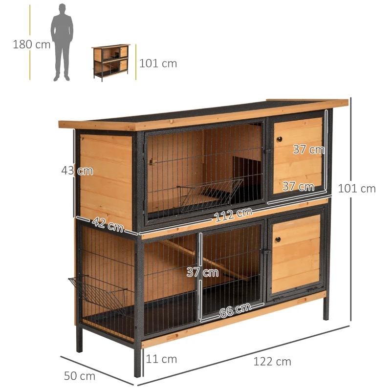 PawHut Gaiola para Coelhos de Madeira de 2 Níveis com Teto Asfáltico Rebatível e Rampa para Exterior 122x50x101 cm Madeira e Preto