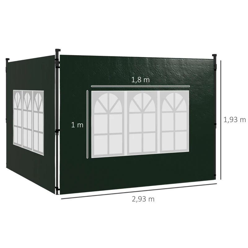 Outsunny Conjunto de 2 Paredes Laterais para Tendas de 3x3m e 3x6m Paredes Laterais com Janelas Transparentes 293x193cm Verde Escuro