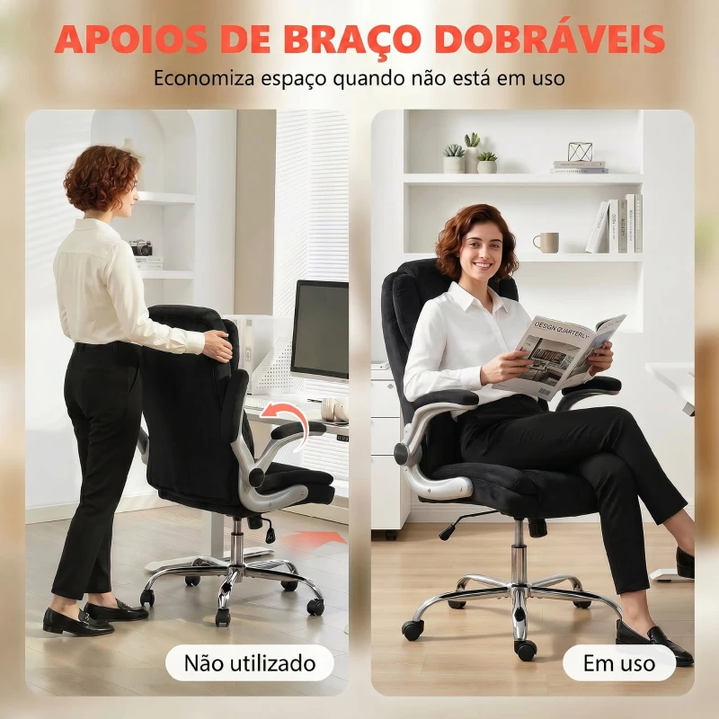 HOMCOM Cadeira de Escritório Apoios de Braços Rebatíveis Altura Ajustável Função Basculante e Estofada em Veludo 68x69x118 cm Preto