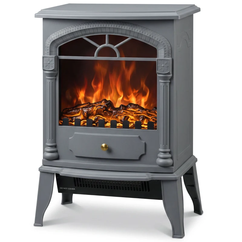 HOMCOM Freestanding Portable Fireplace, Electric Fireplace Stove Heater with 3D Flame Effect and Adjustable Thermostat, Grey