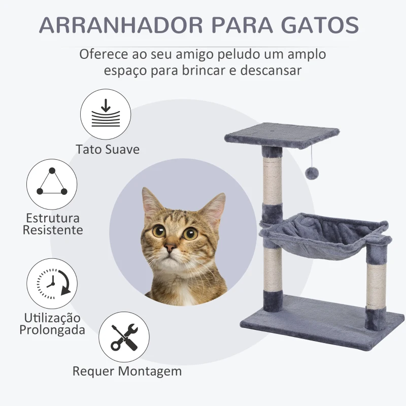 PawHut Árvore Arranhador para Gatos Torre para Gatos 50x36x70 cm com Rede Plataforma Poste de Sisal e Bola Suspensa Cinza