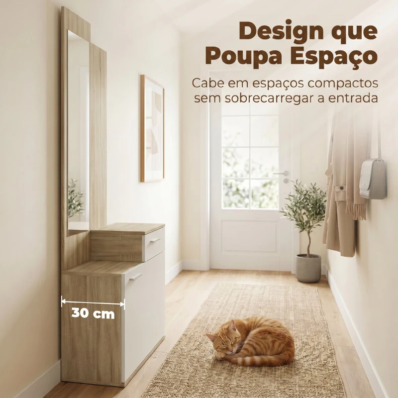 HOMCOM Móvel de Entrada com Espelho, Sapateira Basculante, Assento, Gaveta e Compartimento Aberto, 61x30x170 cm, Branco