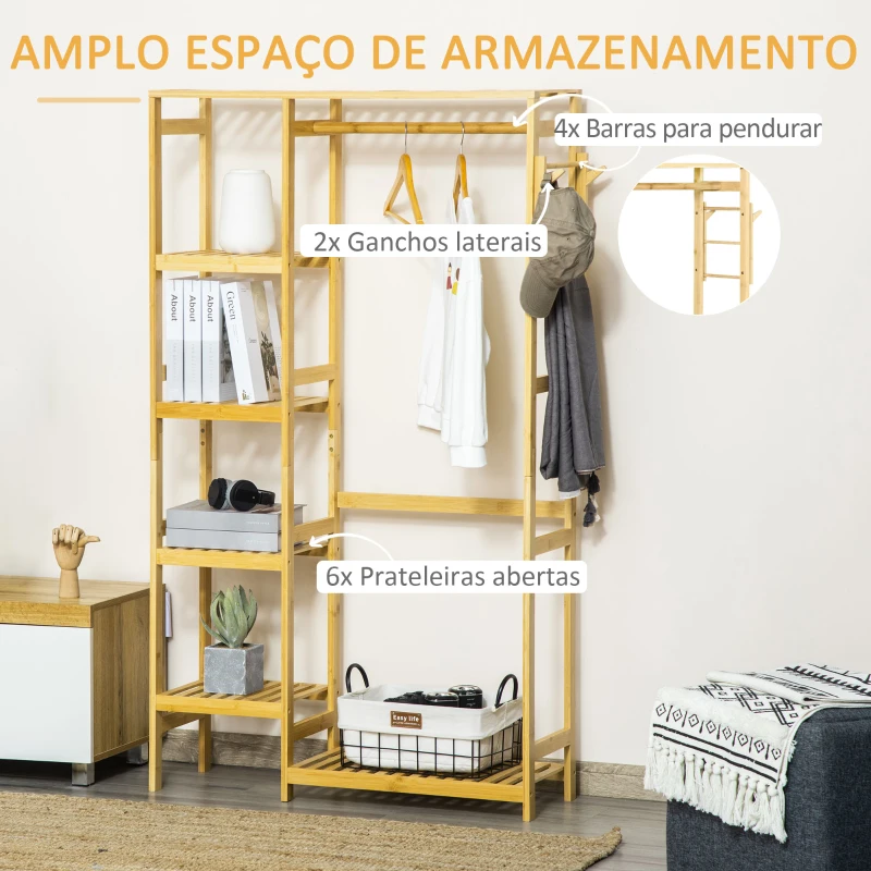 HOMCOM Suporte para Cabides de Bambu Cabideiro com Prateleiras de 4 Níveis com Barra Prateleira Inferior e Cabide Lateral 90x30x155cm Madeira