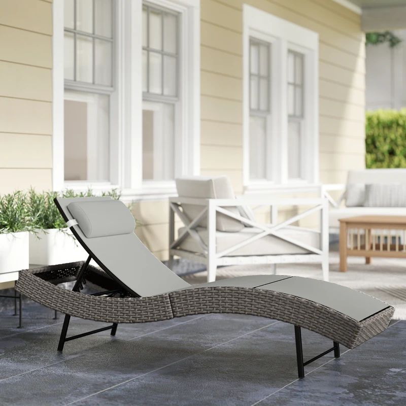 Outsunny Chaise longue en résine tressé, bain de soleil avec dossier réglable 5 positions et appui-tête, 198 x 61 x 44 cm, gris