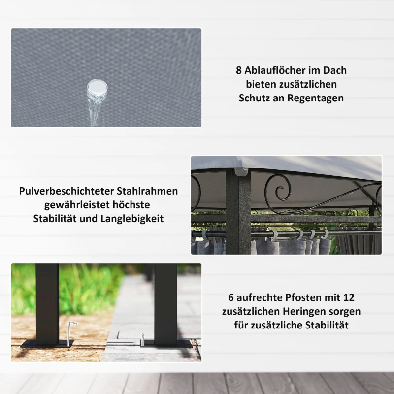Outsunny Gartenpavillon, Outdoor Pavillon mit Vorhängen, belüftetem Dach, Dunkelgrau