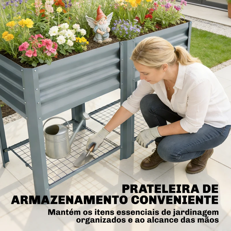 Outsunny Horta  Elevada com Prateleira Inferior, Mesa de Cultivo em Metal Galvanizado com Forro 120x55x80 cm Cinzento Prateado