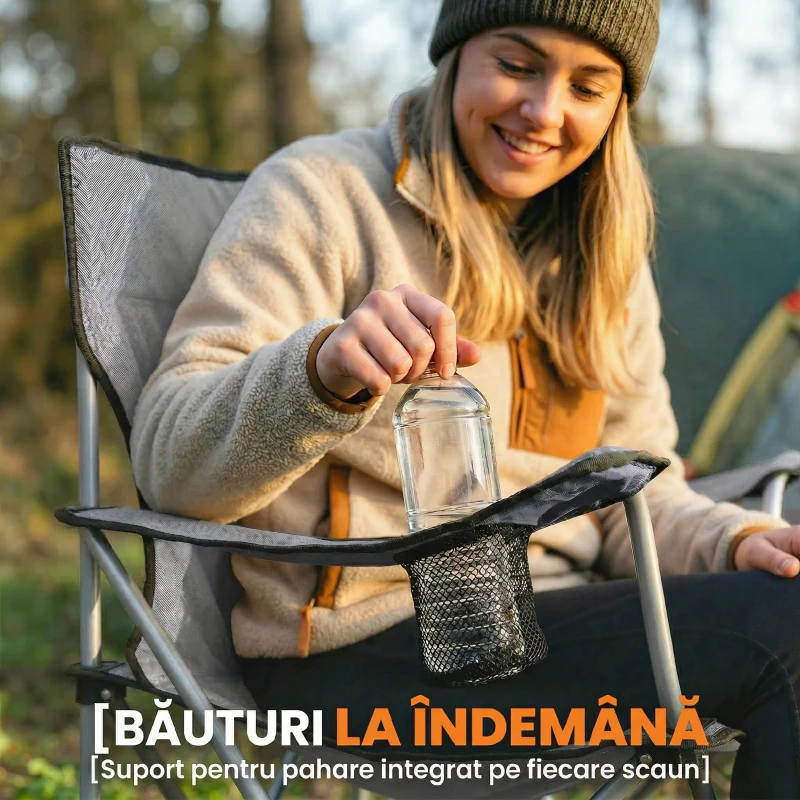 Outsunny Set Scaune de Camping cu Suport pentru Pahare și Genți, Gri