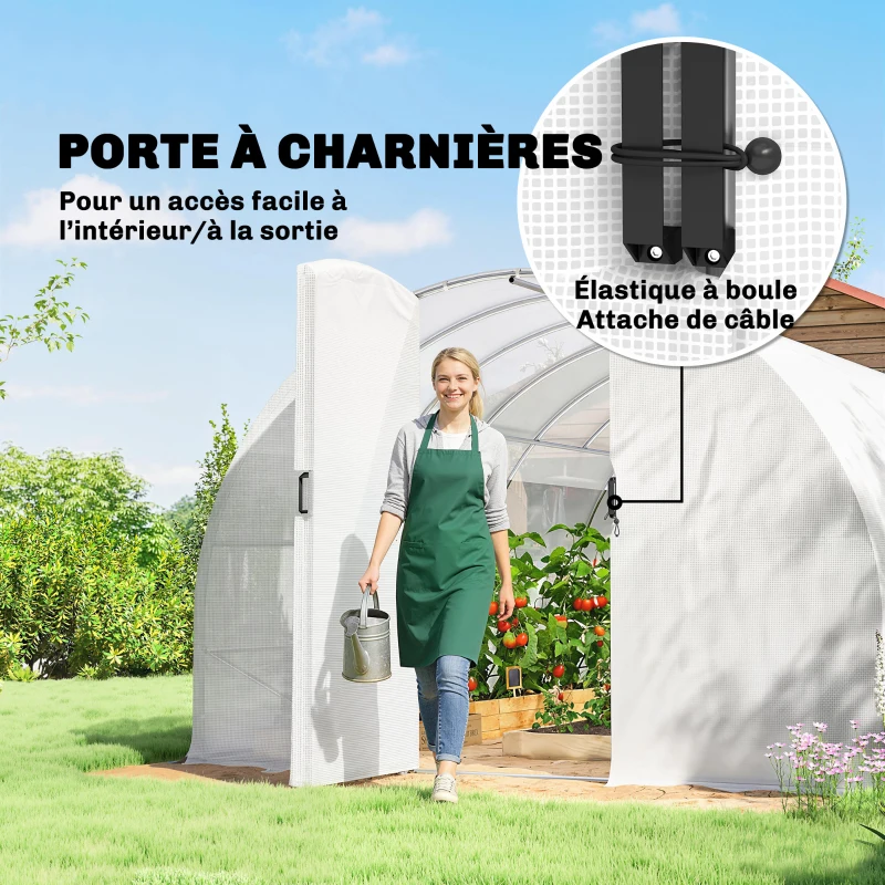 Outsunny Serre tunnel de jardin 24m², serre de jardin tunnel avec portes et 12 fenêtres avec moustiquaires, 295x798x199cm, blanc