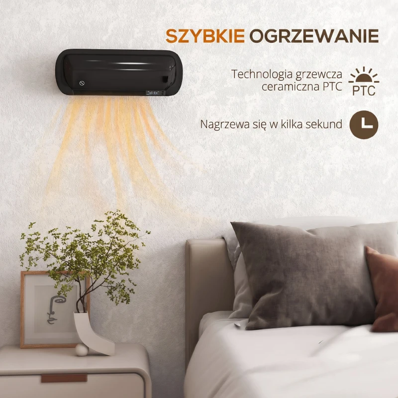 HOMCOM Aquecedor Elétrico de Parede 2000 W com 3 Modos, Ecrã LED, Termóstato, Temporizador e Oscilação, Preto