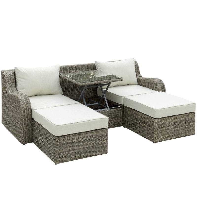 Outsunny Polyrattan Gartenmöbel Set für 3 Personen Gartengarnitur mit Beistelltisch Kissen Aluminium Hellgrau+Beige