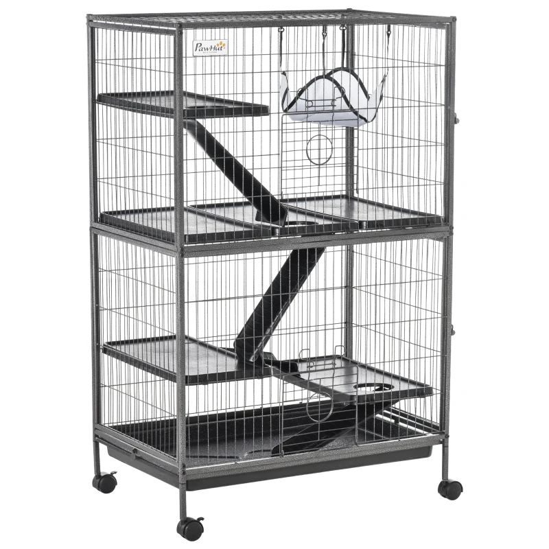 Pawhut Cage pour rongeurs Multifonction 4 Plateformes 3 rampes 4 Portes dim. 80L x 52l x 128H cm métal Gris argenté Noir