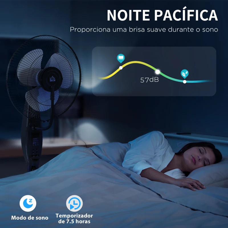 HOMCOM Ventoinha de Pé com Nebulizador 75 W Temporizador Depósito de 3,2L Controlo Remoto 3 Velocidades 3 Hélices e Ecrã LED Ø44,5 cm Preto