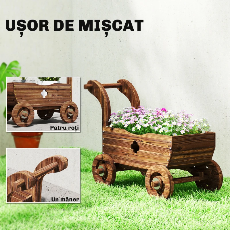 Outsunny Ghiveci de flori din lemn în formă de căruț cu 4 roți, mâner și orificii de drenaj, 68x38x52 cm, lemn