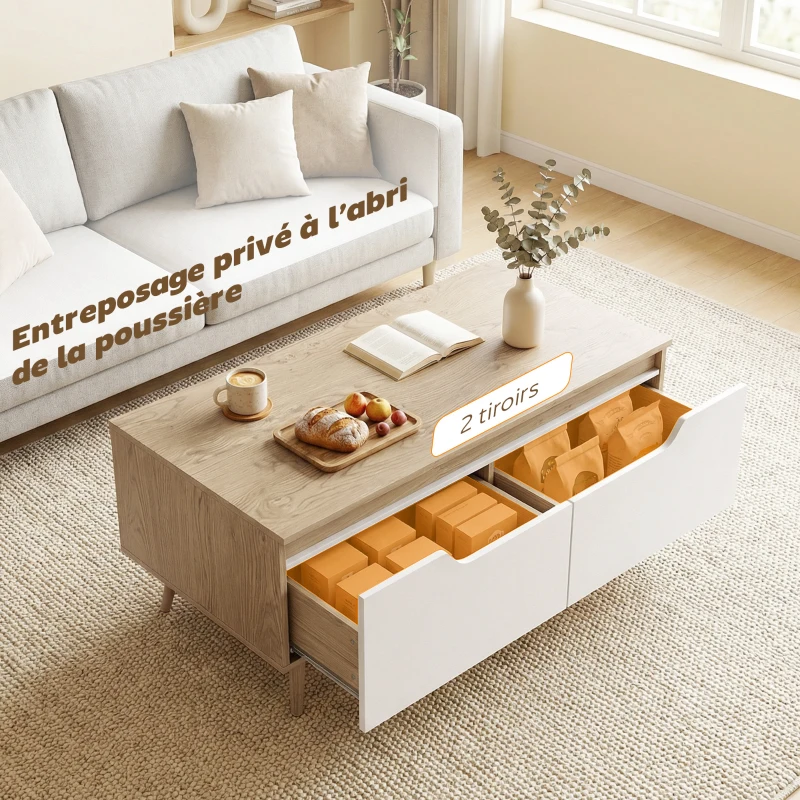 HOMCOM Table basse rectangulaire, table de salon moderne avec 2 tiroirs, 5 pieds en bois de pin, 100x50x46cm, chêne et blanc