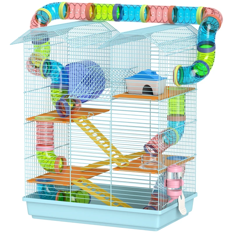 PawHut Gabbia per Criceti a 5 Piani con Tubi Colorati, Ruota, Casetta e Accessori, 47x30x59 cm, Azzurro