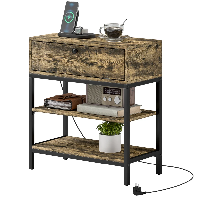 HOMCOM Măsuță de Canapea cu Sertar și 2 Rafturi în Stil Industrial, din Lemn și Metal, 60x30x66.5 cm, Negru și Maro
