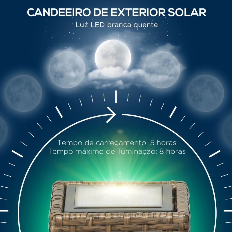 Outsunny Candeeiro Solar de Vime Sintético com Luzes LED Ligar/Desligar Automático para Varanda Pátio 15,5x15,5x46cm Marrom Areia