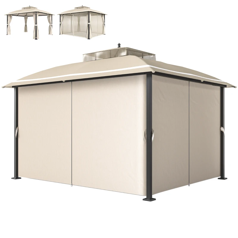 Outsunny Pérgola de Jardim 370x303x290 cm com Telhado Duplo Cortinas Laterais e Mosquiteiras Resistente à Água e Anti-UV Bege