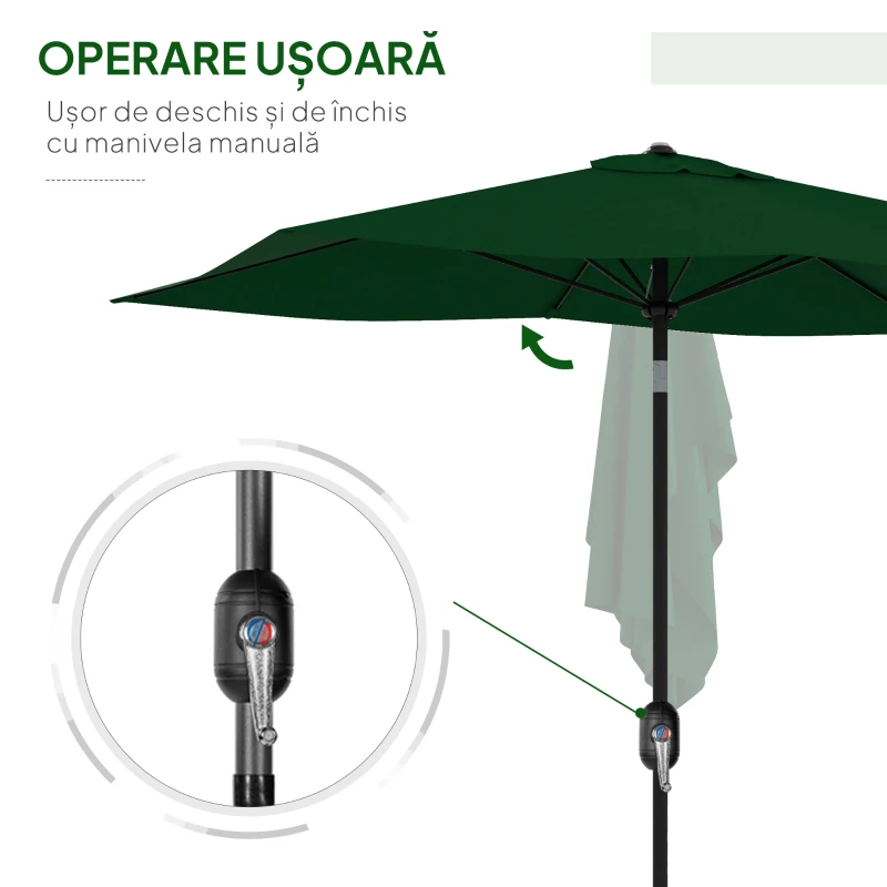 Outsunny Umbrelă de Grădină Rectangulară 2x3 m Reglabilă cu Deschidere prin Manivelă, Verd