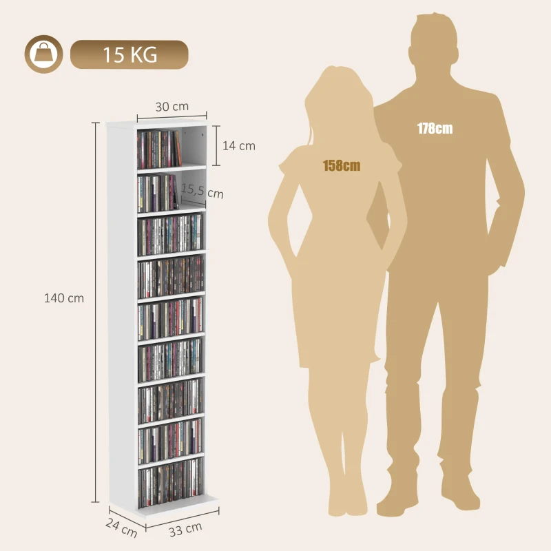 HOMCOM Regał na płyty CD/DVD, 9 poziomów, wąski regał stojący z 6 regulowanymi półkami, dla 260 płyt CD, Biały