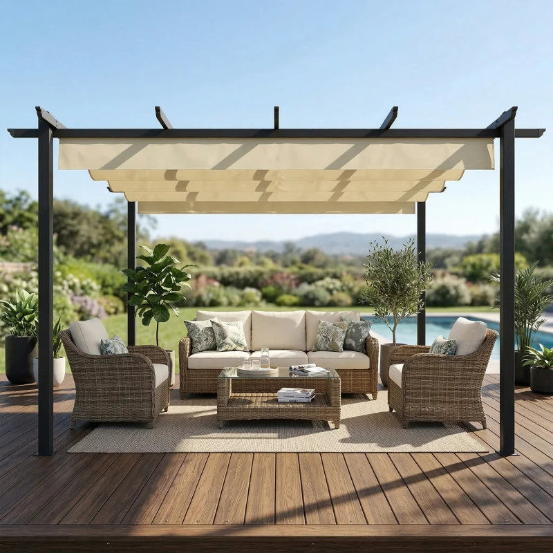 Outsunny Pérgola de Jardim 4x3 m com Telhado Retrátil Estrutura de Alumínio UPF30+ Orifícios de Drenagem Pérgola de Exterior Creme
