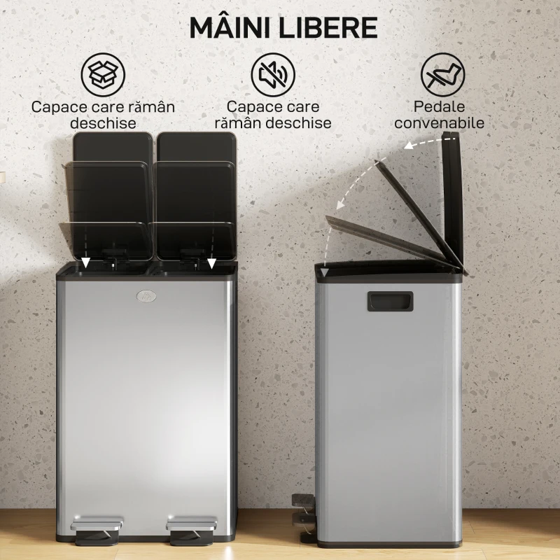 HOMCOM Coș gunoi cu pedală bucătărie, capac închidere ușoară, recipiente interioare detașabile, oțel, 2x28L, argintiu