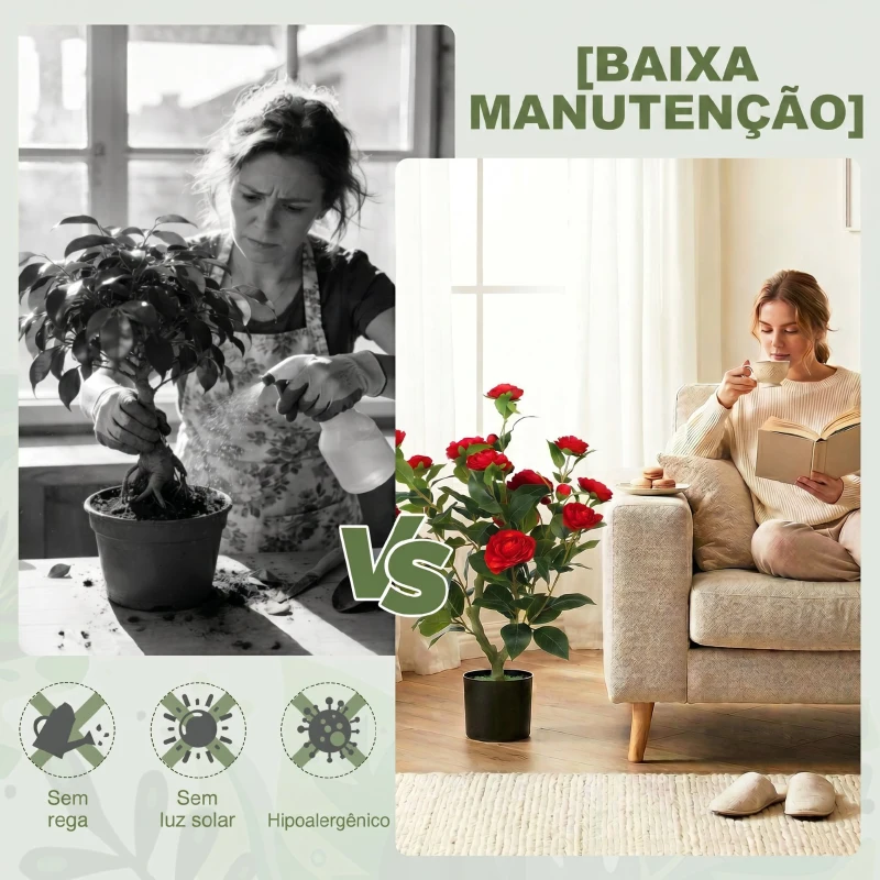 HOMCOM Planta Artificial de Camélia 65 cm com Flores Realistas de Seda 116 Folhas e Efeito de Musgo Vermelho