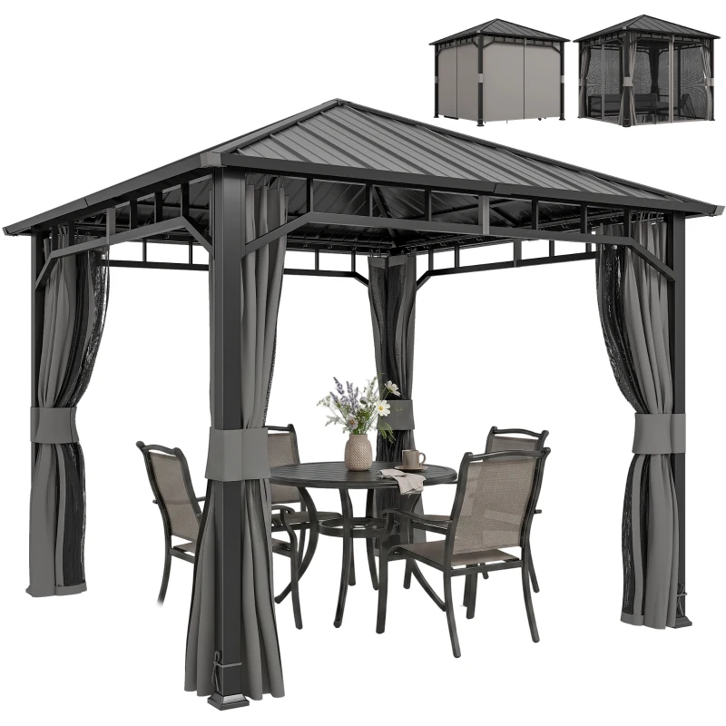 Outsunny Pavillon 3 x 3 m Wasserdicht Stabil Winterfest Gartenpavillon mit Seitenteile, Netze, Haken Hardtop Dunkelgrau