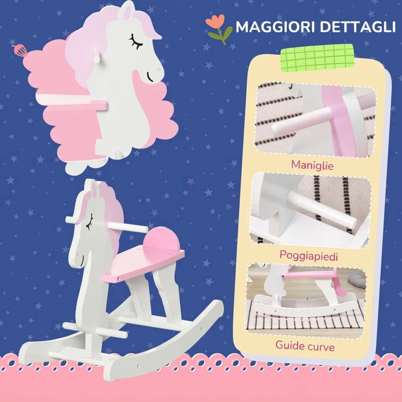 HOMCOM Cavallo a Dondolo per Bambini 1-3 Anni, Cavalluccio a Dondolo in Legno, 68x27x51.5 cm, Rosa e Bianco
