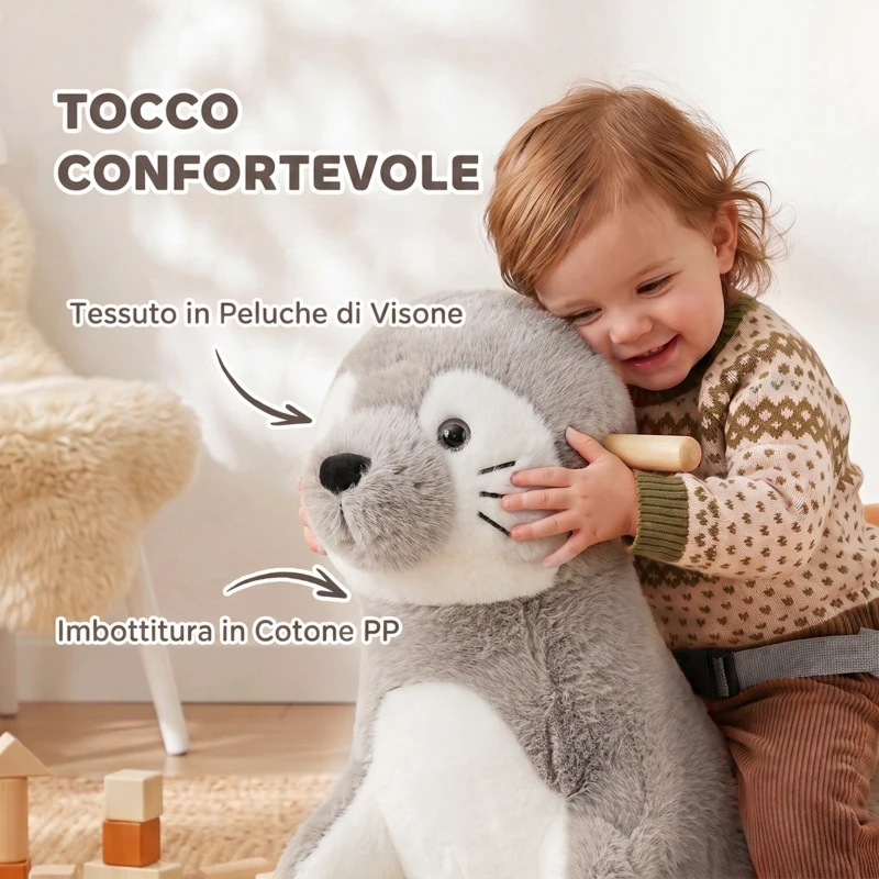 AIYAPLAY Cavallo a Dondolo per Bambini 1-3 Anni a Forma di Foca con Suoni Realistici, Cintura di Sicurezza, Grigio