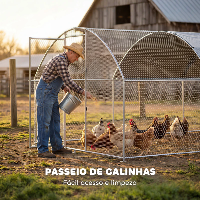 PawHut Galinheiro Exterior 2,8x3,4x1,9 m Cobertura de Tecido Oxford Anti-UV Impermeável Fechos para 10-16 Galinhas Prata