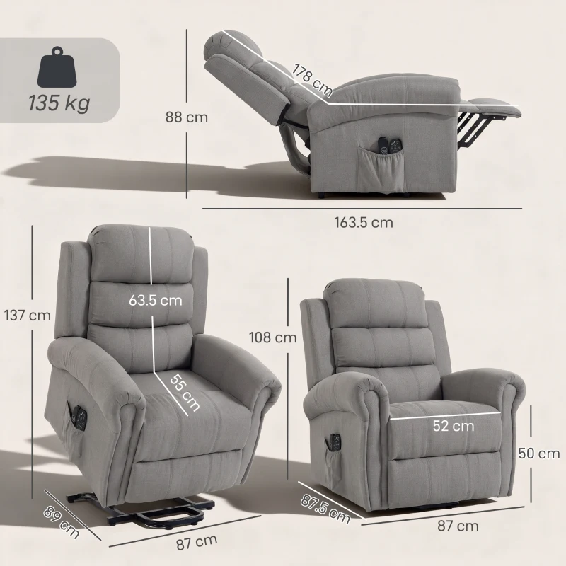 HOMCOM Fotoliu Power-Lift relax cu masaj prin vibrații și funcție de încălzire, fotoliu cu ridicare, port USB, buzunare laterale și telecomandă, Gri deschis