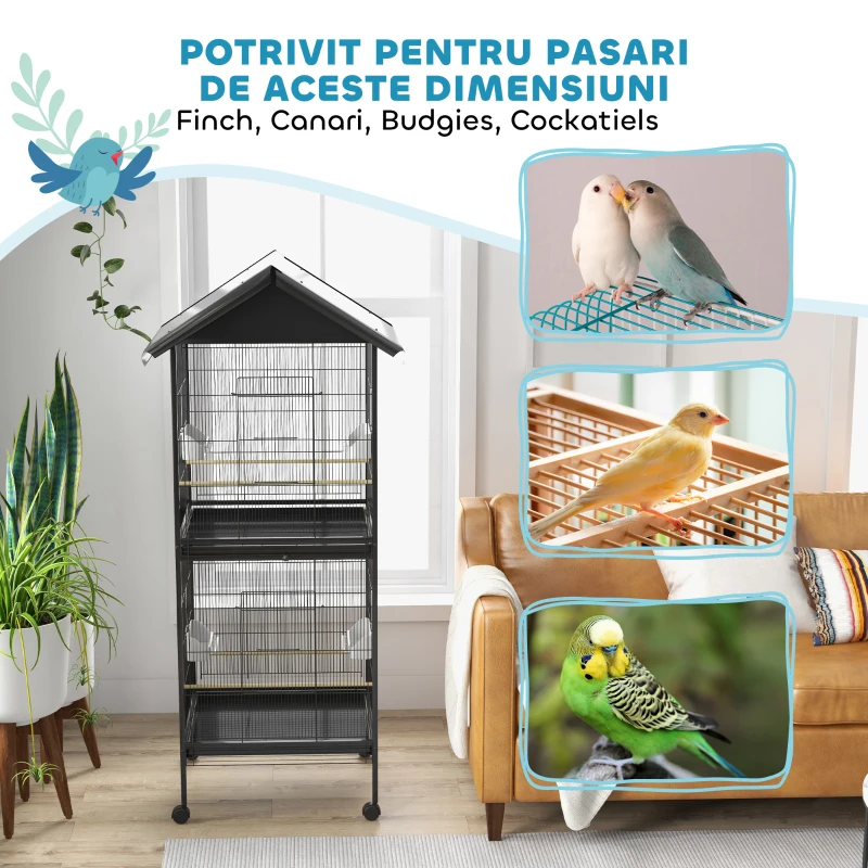 PawHut Volieră pentru Păsări pe Roți cu Tăvițe Detașabile din Plastic și Stinghii, Colivie pentru Canari din Metal, 168 cm, Negru
