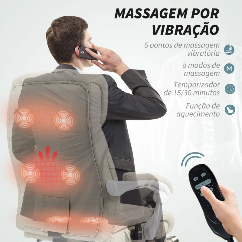 HOMCOM Cadeira de Escritório com Massagem Reclinável Aquecimento Apoio para Pés  e Controlo Remoto 66x70x112-120 cm Bege