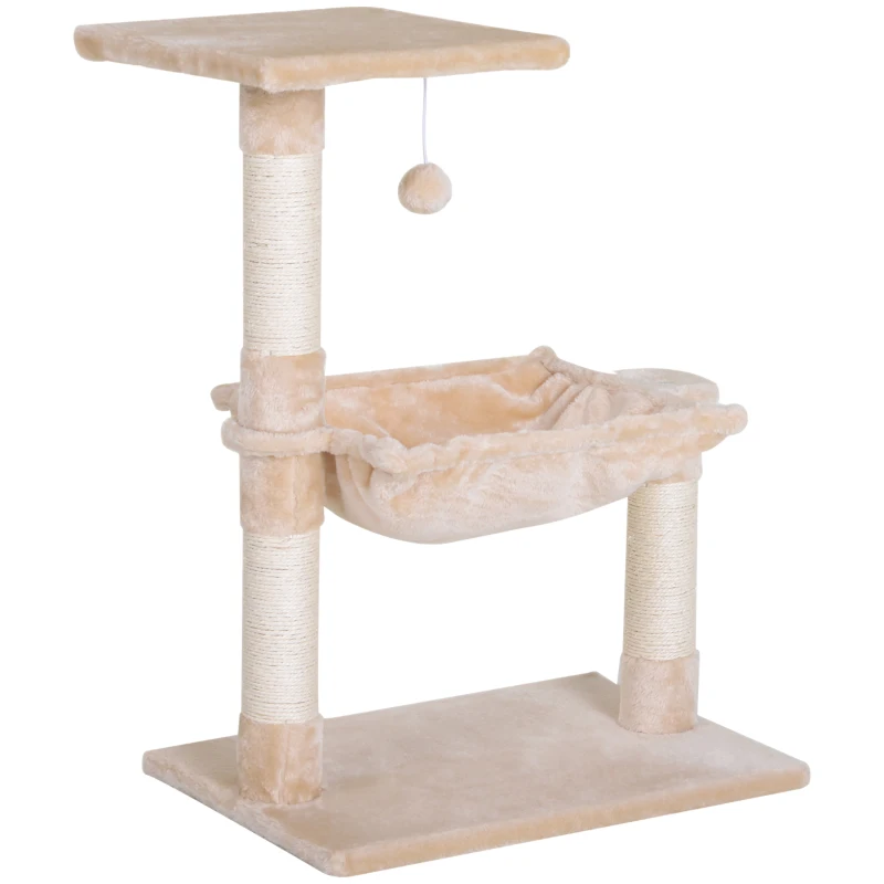 PawHut Árbol Rascador para Gatos Centro de Actividad Plataforma Caseta Postes de Sisal Hamaca Bola 50x36x70 cm Beige