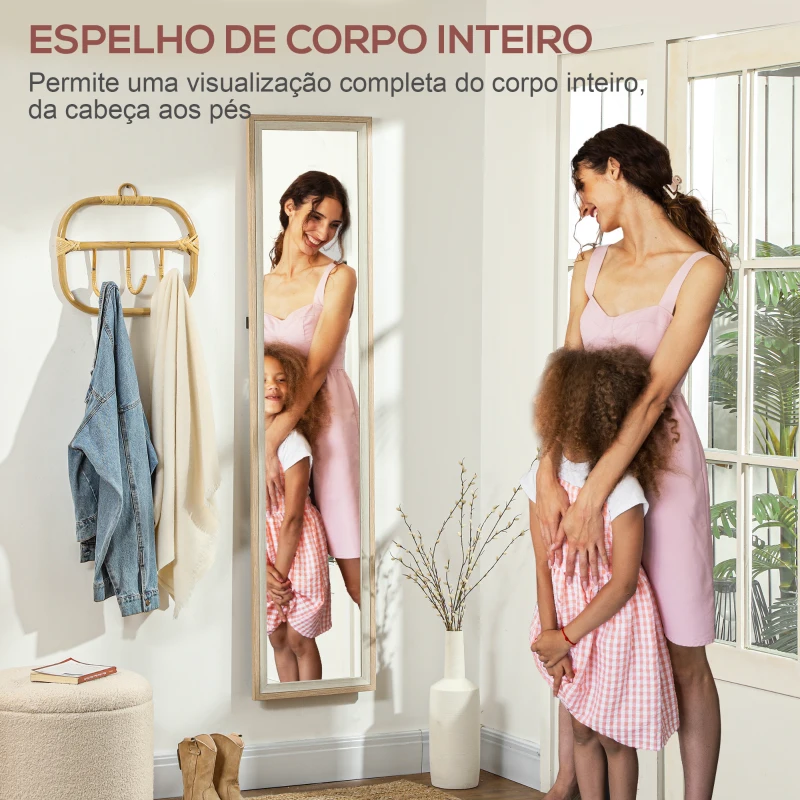 HOMCOM Espelho de Pé 37x157 cm Espelho de Corpo Inteiro com Estrutura de MDF e Suporte Branco e Madeira Clara