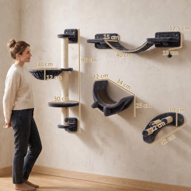 PawHut Kletterwand Katzen 4-teilig Katzen Kletterwand Set mit Hängematte, Katzenbrücke bis zu 5 kg, Dunkelgrau