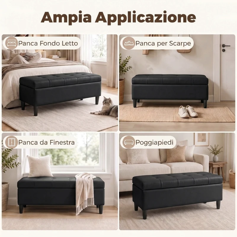 HOMCOM Panca Contenitore Imbottita 136L in Finta Pelle, 110x41x42 cm, Nero
