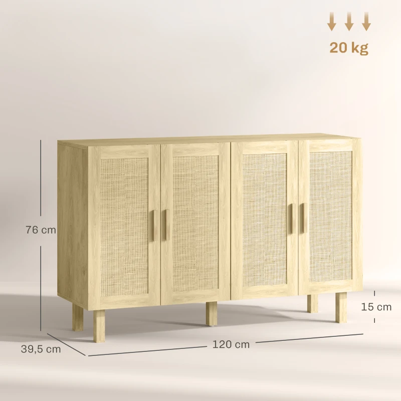 HOMCOM Aparador de Sala de Estar com 4 Portas com Rede em Vime e Prateleiras Ajustáveis Aparador para Cozinha 120x39,5x76 cm Madeira