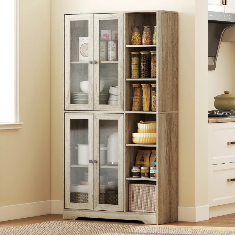 HOMCOM Armário de Cozinha Móvel Auxiliar de Cozinha com Prateleiras Abertas e 4 Portas de Vidro 90x35x172 cm Cinza Claro