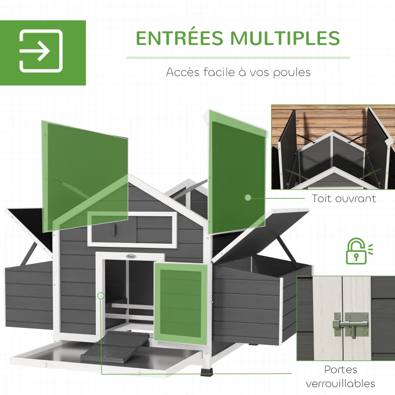PawHut Poulailler en bois accueillant 4 poules, cage à poules avec pondoir, toit imperméable ouvrable, tiroir amovible, gris