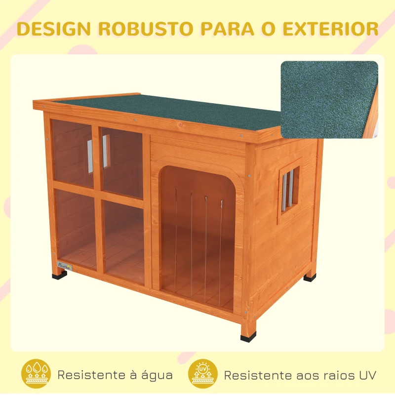 PawHut Casa para Cães de Exterior para Cães Pequenos Médios com Teto Asfáltico 2 Janelas Porta com Cortina Transparente e Base Amovível 90x62x71 cm Madeira